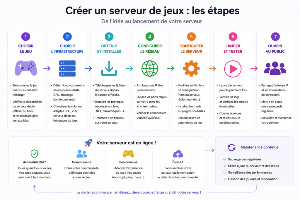 schéma montrant la création d'un serveur de jeux étape par étape 